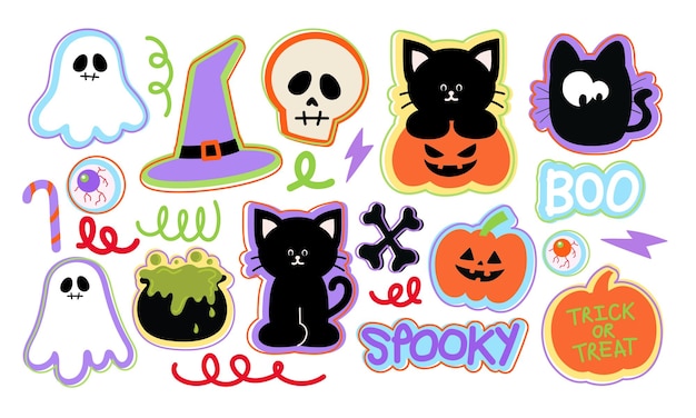 Lindo Halloween ilustraciones de la cabeza fantasma cráneo gato negro calabaza sopa venenosa caramelo ojo de caña