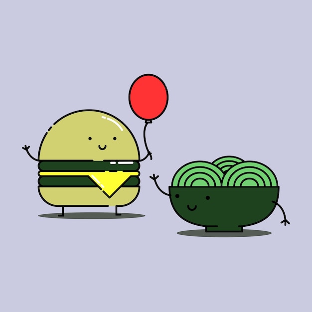 lindo hamburguesa sostener globos dar al café bebé comida rápida mascota personaje de dibujos animados ilustración