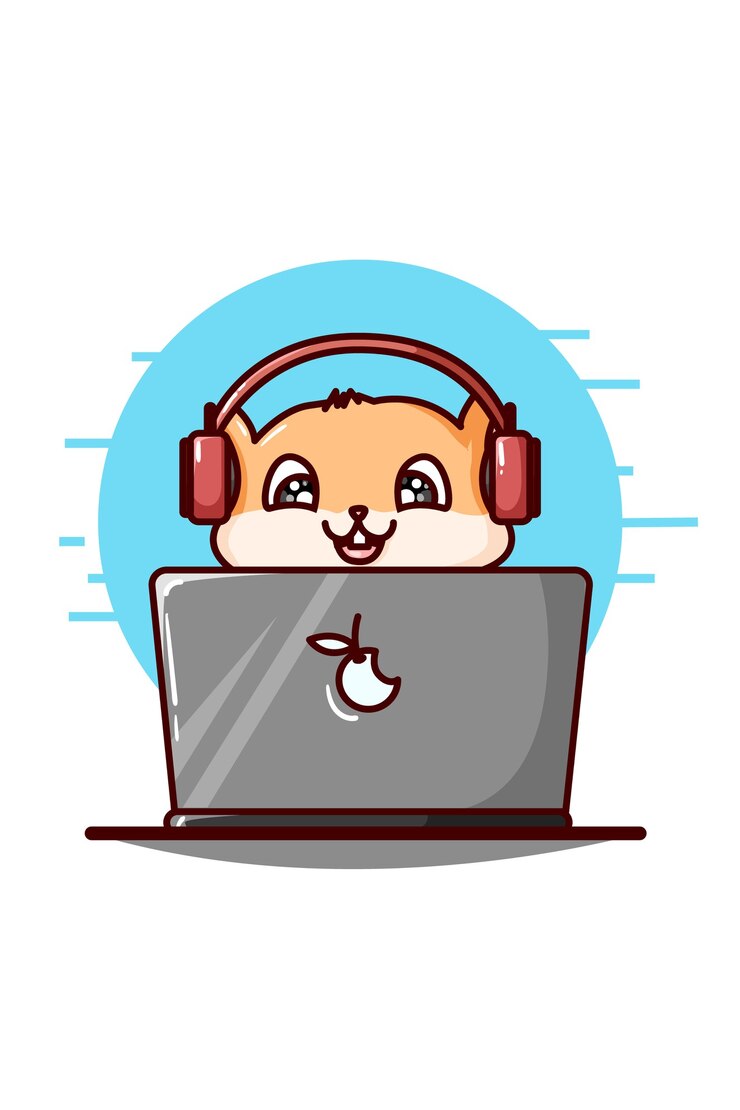 Vector un lindo hámster con auriculares y tocando la ilustración de la computadora portátil