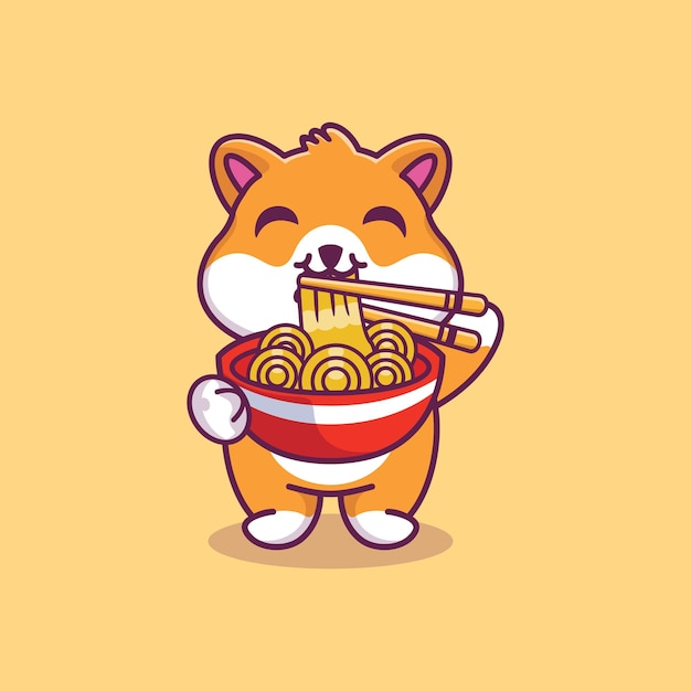 Lindo hámster de pie comiendo fideos ramen con ilustración de icono de dibujos animados de palillos