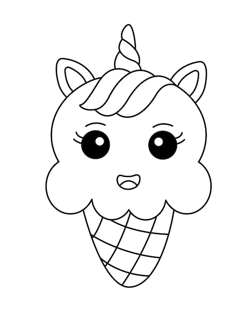 Lindo Helado Con Cabeza De Unicornio Helado Kawaii Página Para Colorear Ilustración De Helado De Dibujos Animados