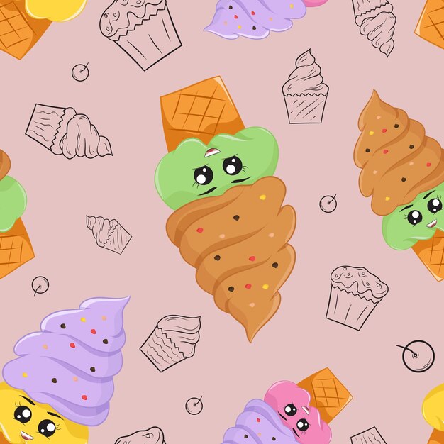 lindo helado comida doodle dibujos animados de patrones sin fisuras