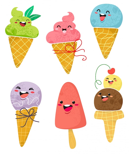 Vector lindo helado divertido varias emociones de la cara. conjunto dibujado a mano.