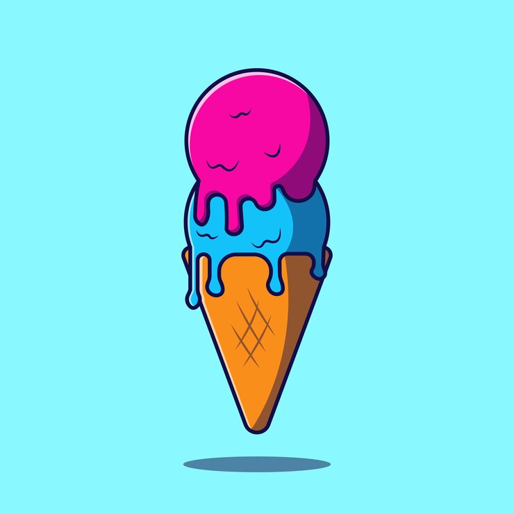Lindo helado con ilustración de dibujos animados de cono Icono de ilustración de vector de helado derretido