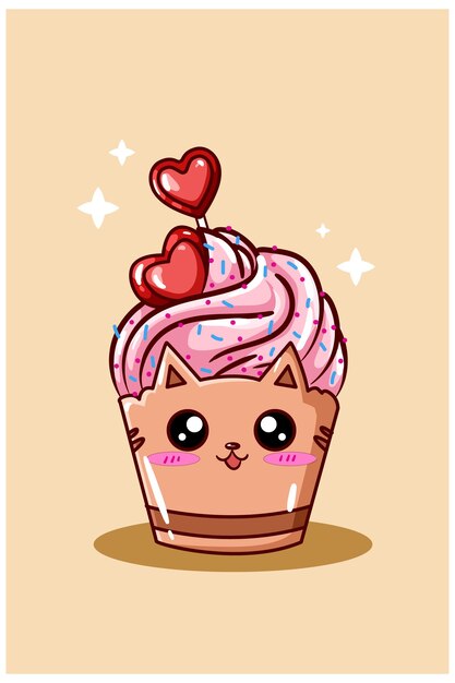 Un lindo helado rosa de gato cupcake con amor de caramelo