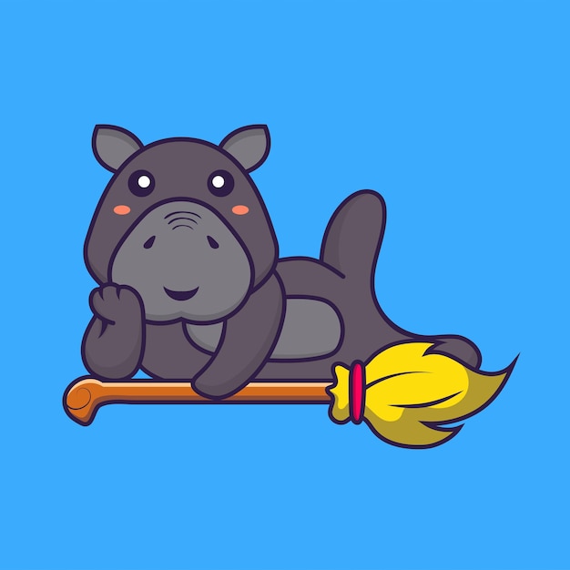 Lindo hipopótamo acostado en el concepto de dibujos animados de animales de escoba mágica aislado