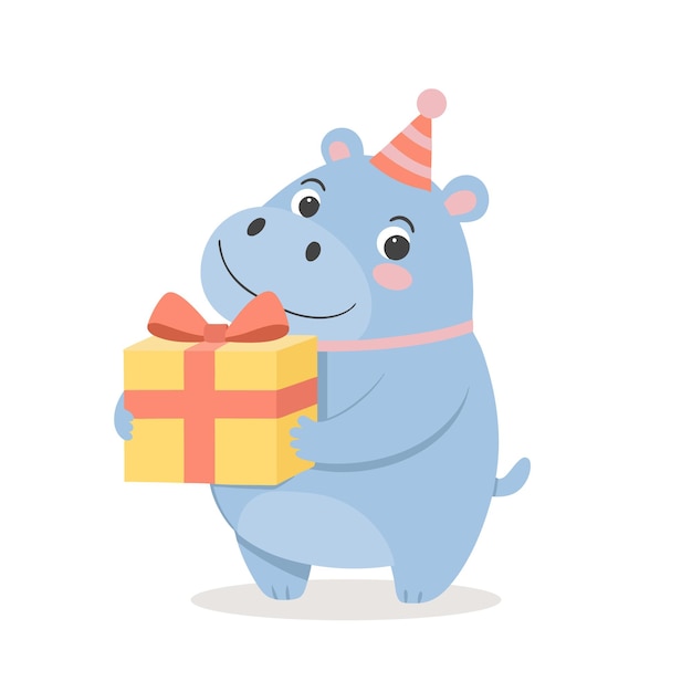 Lindo hipopótamo bebé con una caja de regalo en un sombrero de fiesta Feliz cumpleaños a los niños Ilustración para niños
