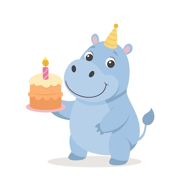 Lindo hipopótamo bebé con un pastel en un sombrero de fiesta Feliz cumpleaños a los niños Ilustración para tarjetas para niños