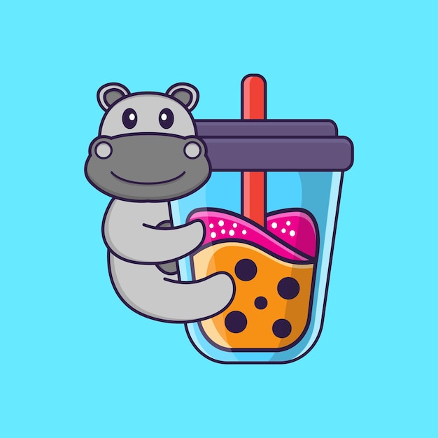 Lindo hipopótamo bebiendo té con leche boba. concepto de dibujos animados de animales aislado. estilo de dibujos animados plana