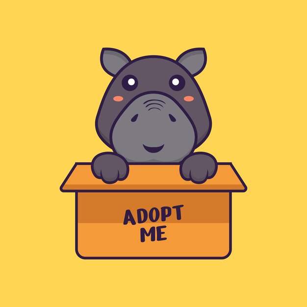 Lindo hipopótamo en caja con un cartel Adopt me Animal cartoon concept aislado