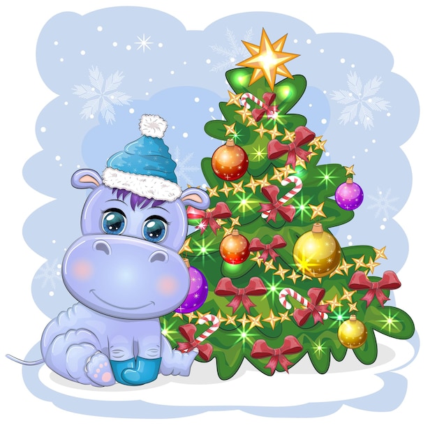 Vector lindo hipopótamo de dibujos animados con sombrero de papá noel con bola de navidad y caña de caramelo de regalo año nuevo y vacaciones de navidad