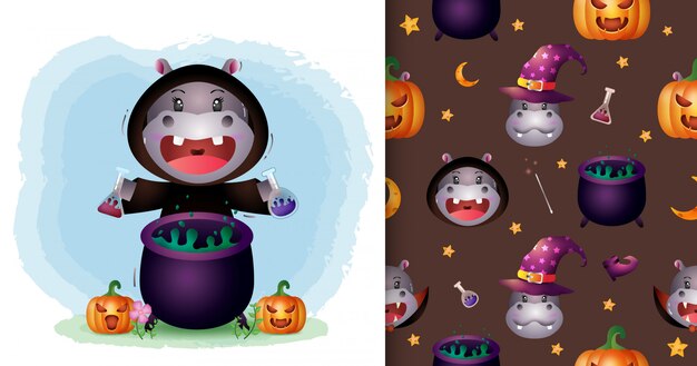 Un lindo hipopótamo con disfraz de bruja colección de personajes de halloween. diseños de patrones e ilustraciones sin costuras