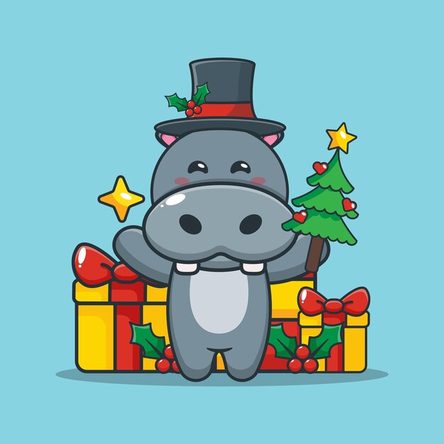 Lindo hipopótamo con estrella y árbol de Navidad Linda ilustración de dibujos animados de Navidad