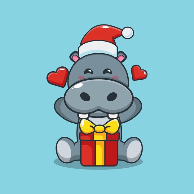 Lindo hipopótamo feliz con regalo de Navidad Linda ilustración de dibujos animados de Navidad