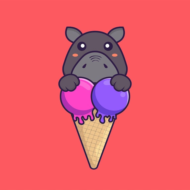 Lindo hipopótamo con helado dulce Concepto de dibujos animados de animales aislado