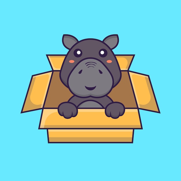 Lindo hipopótamo jugando en caja. Concepto de dibujos animados de animales aislado.