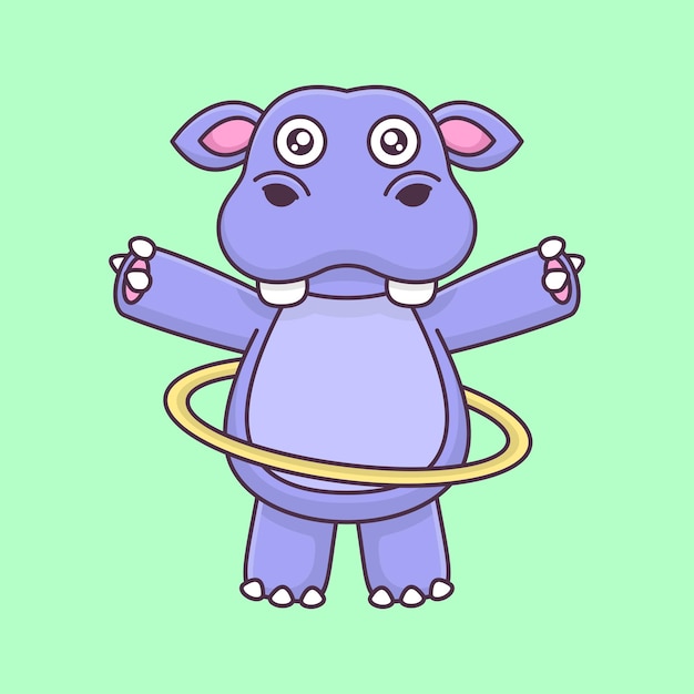 Lindo hipopótamo jugando hula hoop dibujos animados animal vector ilustración icono