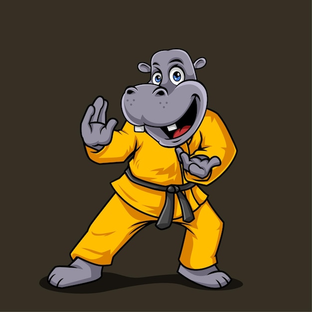 Lindo hipopótamo karate pose vector icono ilustración