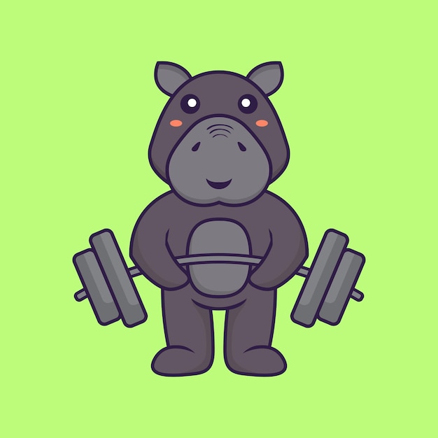 Lindo hipopótamo levanta el concepto de dibujos animados animales barbell aislado