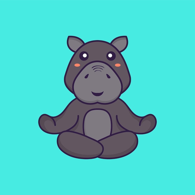 Vector lindo hipopótamo está meditando o haciendo yoga. concepto de dibujos animados de animales aislado. estilo de dibujos animados plana