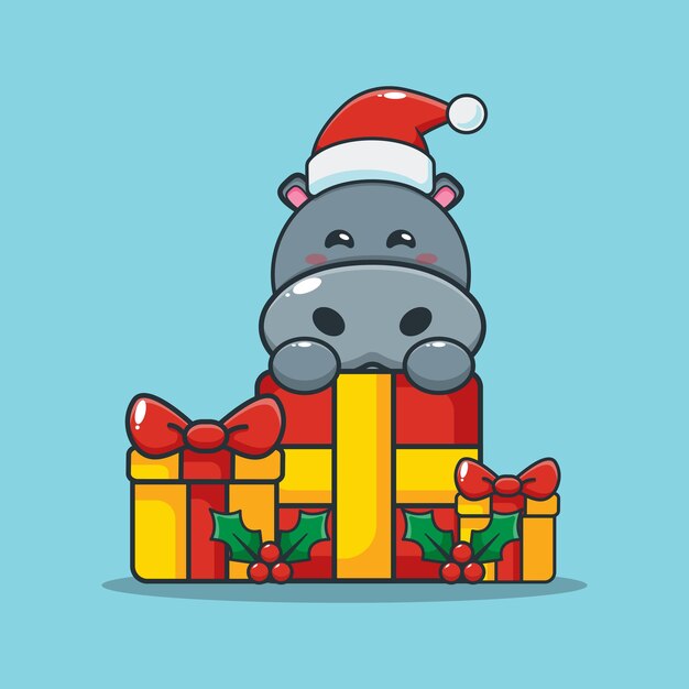 Lindo hipopótamo con regalo de Navidad Linda ilustración de dibujos animados de Navidad