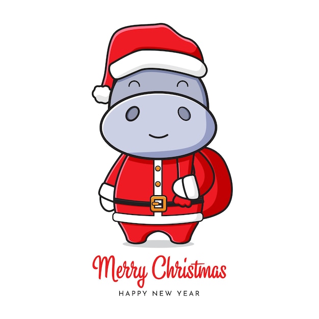 Lindo hipopótamo santa saludo feliz navidad y feliz año nuevo dibujos animados doodle tarjeta ilustración