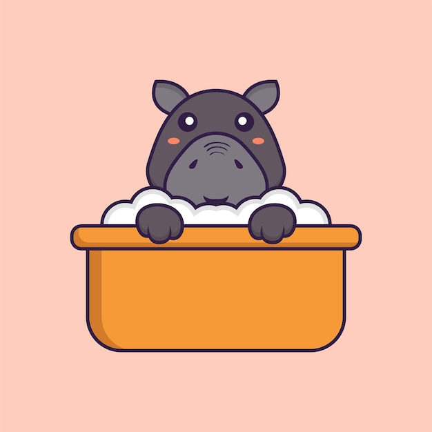 Lindo hipopótamo tomando un baño en la bañera Concepto de dibujos animados de animales aislado