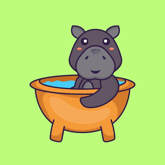 Lindo hipopótamo tomando un baño en la bañera Concepto de dibujos animados de animales aislado