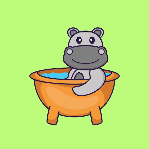 Lindo hipopótamo tomando un baño en la bañera concepto de dibujos animados de animales aislado