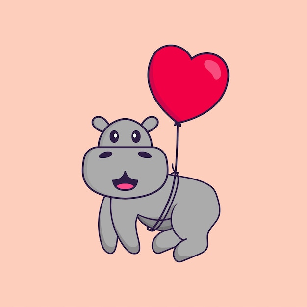 Lindo hipopótamo volando con globos en forma de amor. concepto de dibujos animados de animales aislado.