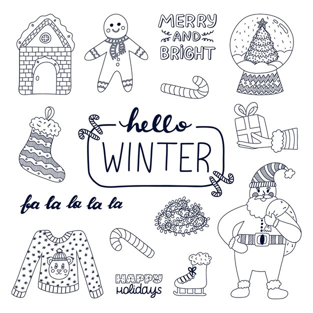 Lindo Hola Invierno y Navidad conjunto de dibujos de contorno Año Nuevo y Navidad