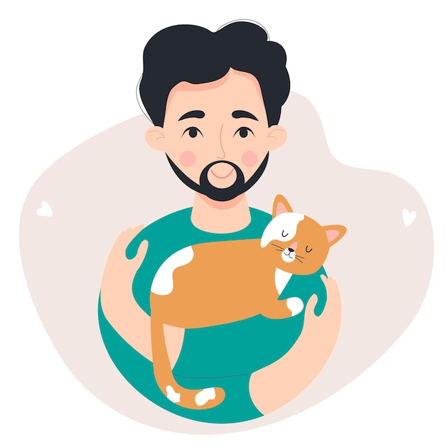 Vector lindo hombre feliz con barba y bigote con dormir gato jengibre ilustración vectorial