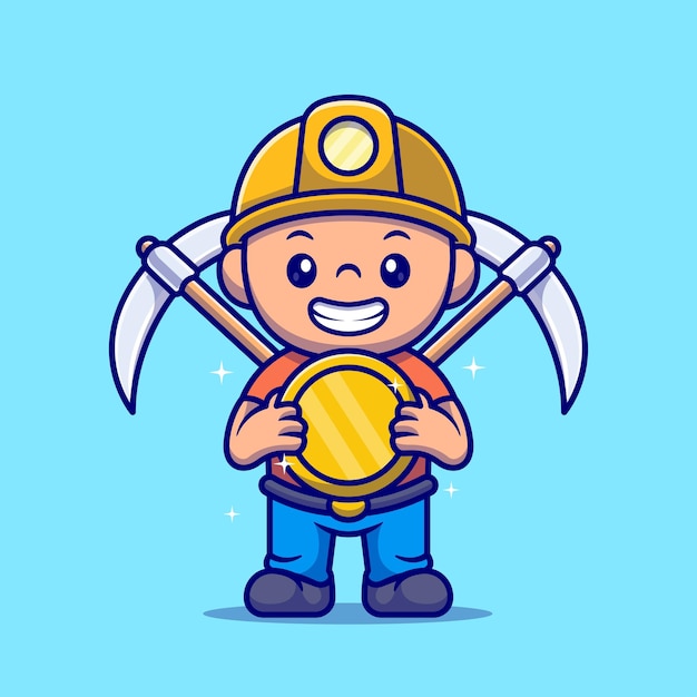 Lindo hombre minería moneda de oro con pico dibujos animados vector icono ilustración personas finanzas aisladas