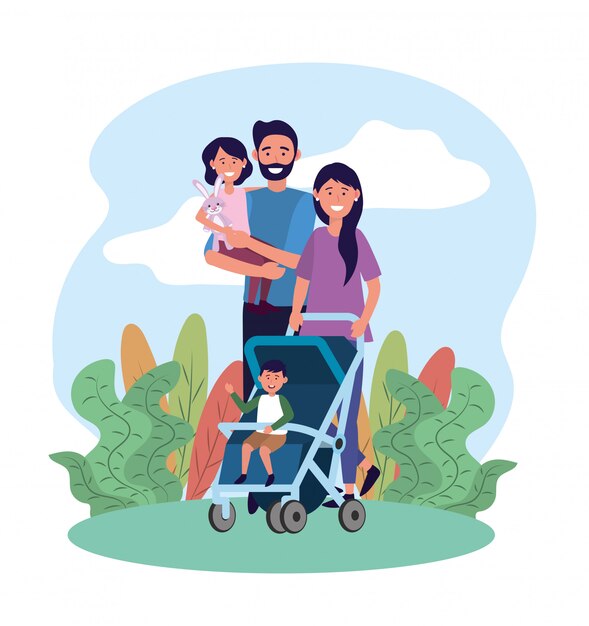 Vector lindo hombre y mujer con su hija y su hijo.