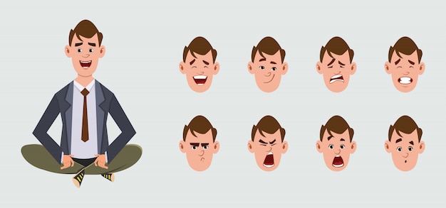 Lindo hombre de negocios haciendo yoga o relajarse meditación. personaje de empresario con diferentes tipos de expresión facial
