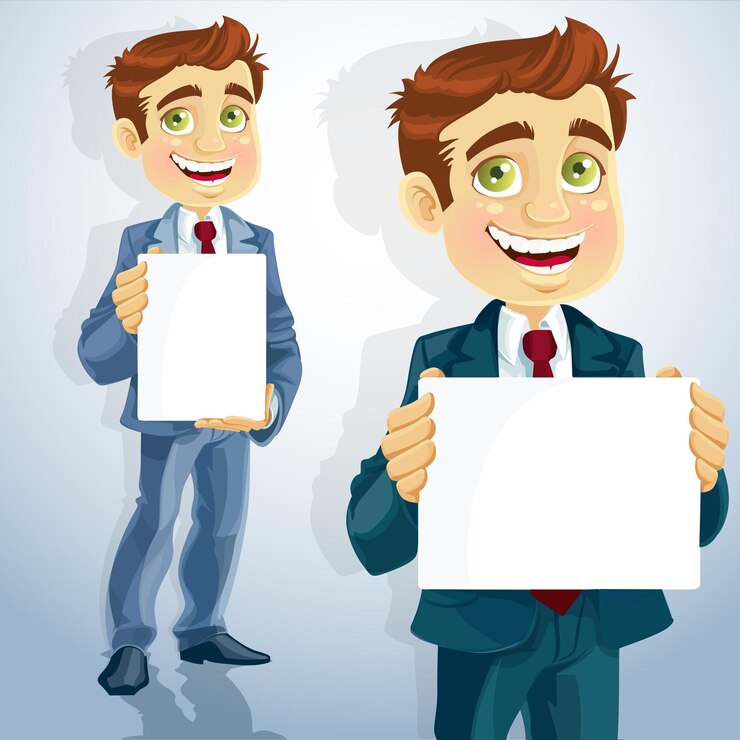 Vector el lindo hombre de negocios muestra el formulario para la presentación