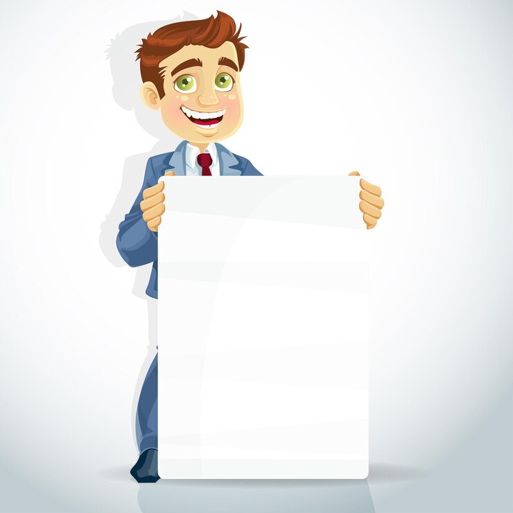 Vector un lindo hombre de negocios sostiene una gran pancarta en blanco.