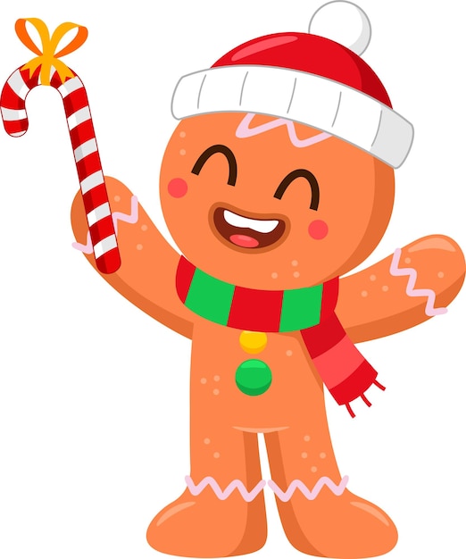 Lindo hombre de pan de jengibre de Navidad Personaje de dibujos animados sosteniendo un bastón de caramelo