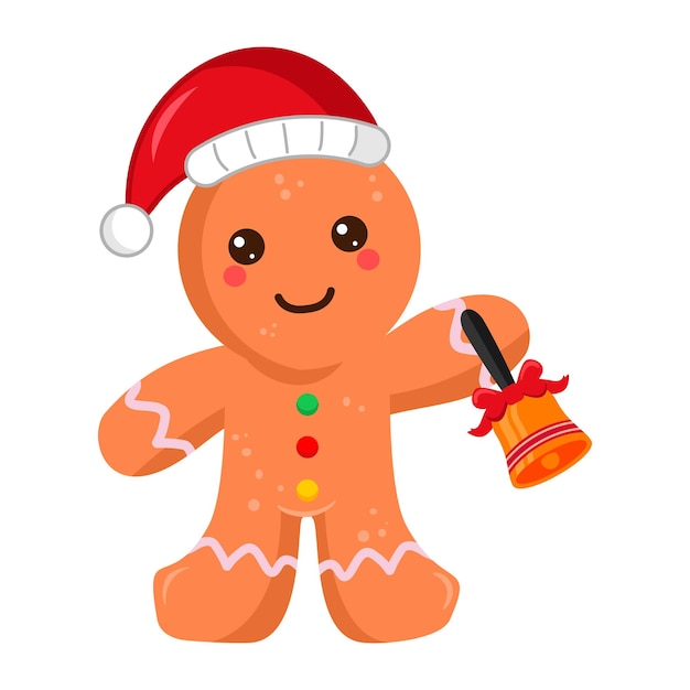 Lindo hombre de pan de jengibre de Navidad personaje de dibujos animados tocando una campana