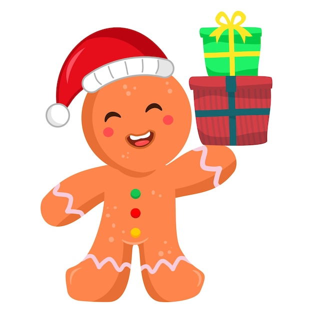 El lindo hombre de pan de jengibre trae regalos de Navidad.
