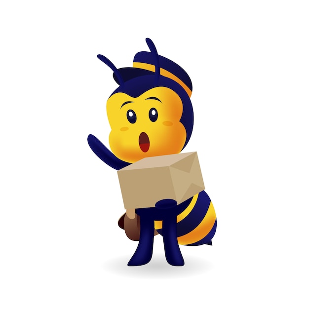 Lindo hombre repartidor de abejas entregando una caja de cartón en fondo aislado