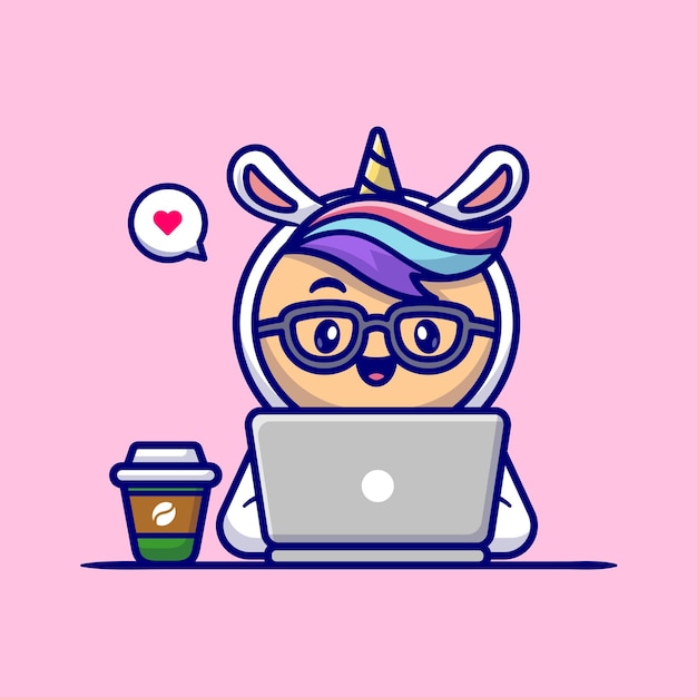 Lindo hombre vestido con traje de unicornio trabajando en la computadora portátil con ilustración de icono de vector de dibujos animados de café