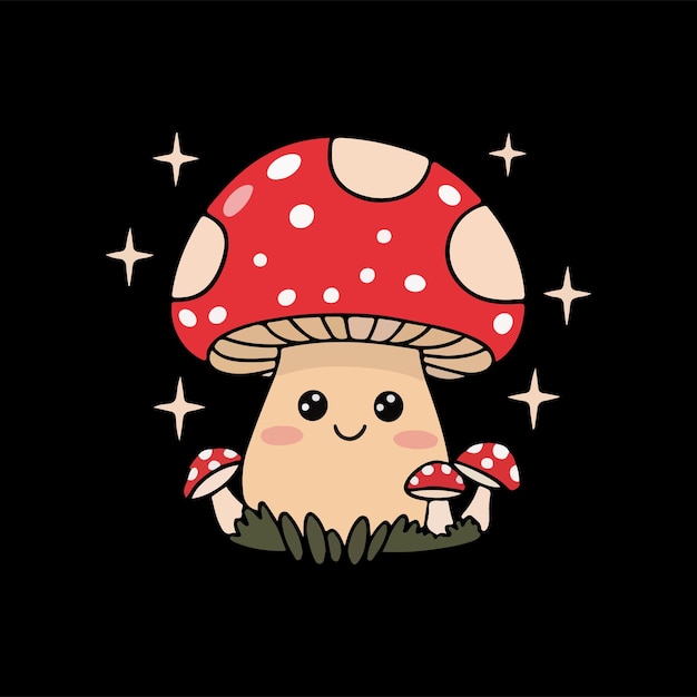 Lindo hongo de dibujos animados con tapa roja y manchas blancas rodeadas de estrellas
