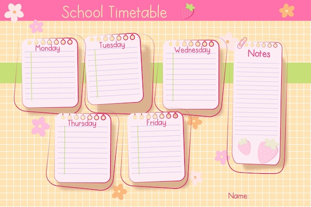 Lindo horario escolar para niñas con fresa beige rosa verde magenta flores vacías para hacer la lista