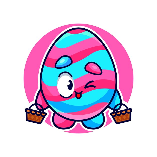 Lindo huevo de Pascua con ilustración de icono de vector de dibujos animados de cesta de madera