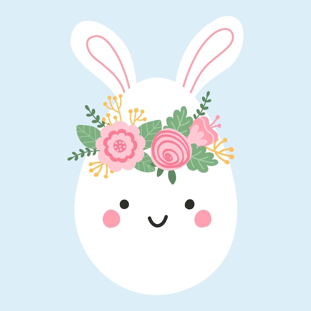 Lindo huevo de Pascua con orejas de conejo en cálidos colores pastel Carácter de primavera de ilustración con ramo de flores Vector