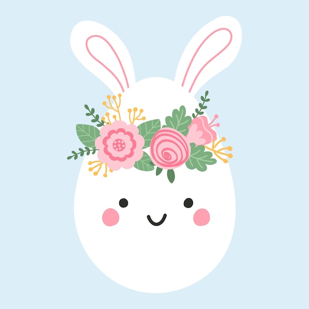 Lindo huevo de pascua con orejas de conejo en cálidos colores pastel carácter de primavera de ilustración con ramo de flores vector