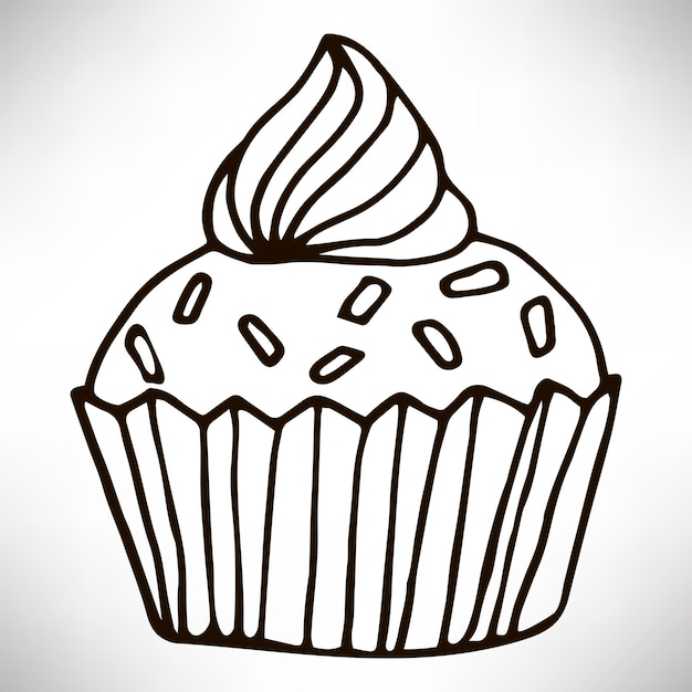 Lindo icono de cupcake dibujado a mano. pastel de contorno de línea fina negra aislado sobre fondo blanco.