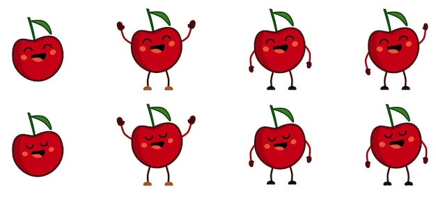 Lindo icono de fruta de cereza roja estilo kawaii, ojos cerrados, sonriendo. Versión con las manos levantadas, abajo y saludando