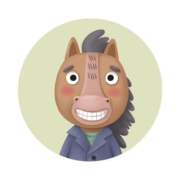 Vector un lindo icono redondo con un caballo de dibujos animados que sonríe ampliamente retrato de un animal estilizado